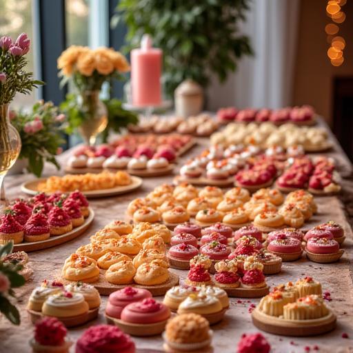 Mesa dulce decorada para un evento con gran variedad de pequeños postres y dulces, un festín visual.