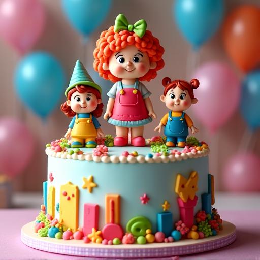 Tarta infantil temática con figuras de azúcar personalizadas y colores vibrantes.