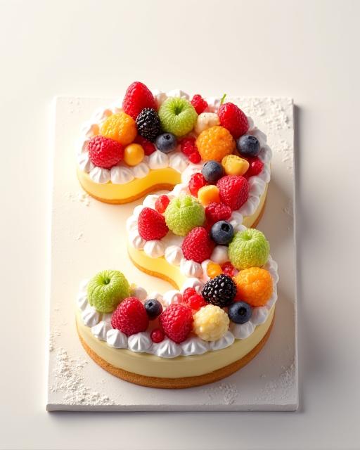 Tarta con forma de número para un aniversario, con frutas frescas y delicados merengues.