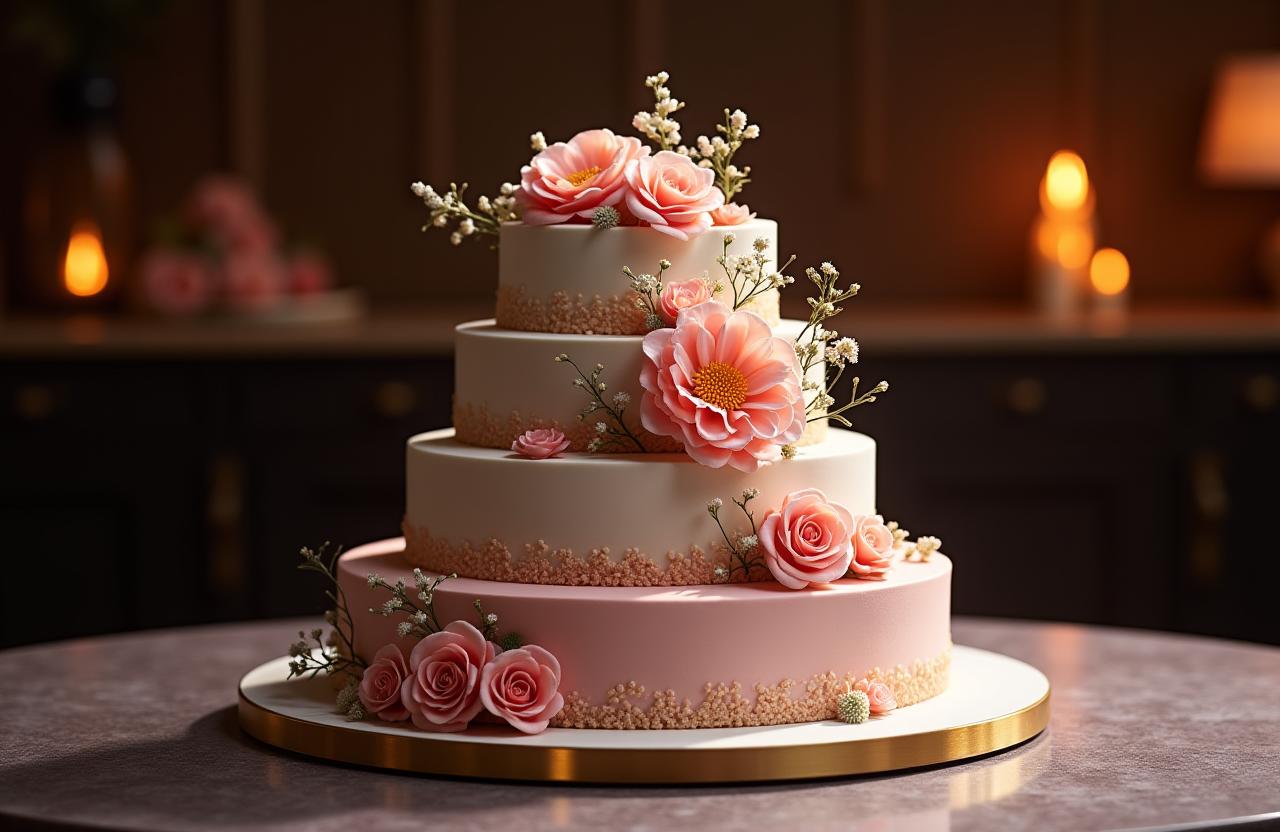 Espectacular tarta de diseño con detalles florales.